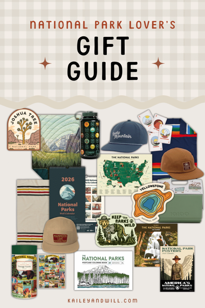 an image that says 'gift guide for national park lovers' and has pictures of great gifts for outdoor enthusiasts